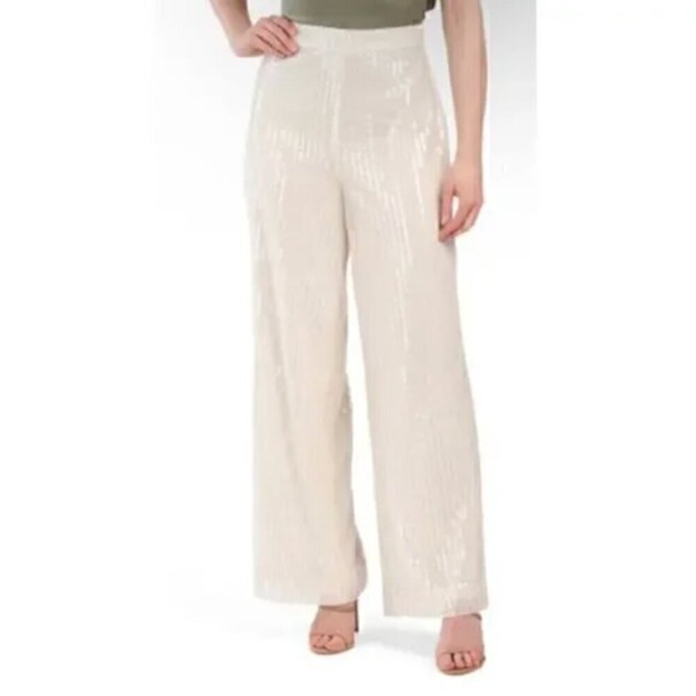 House of Harlow 1960 ivory white sequin lined wide leg pants